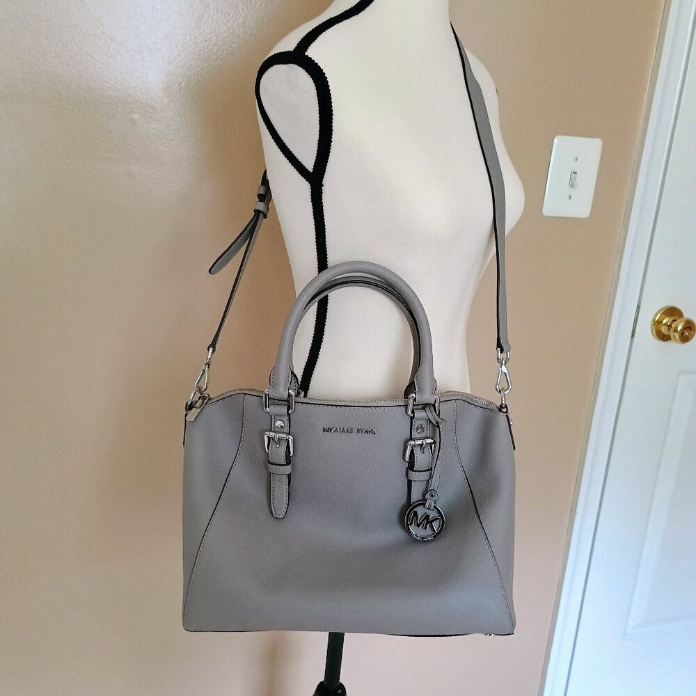 MICHAEL KORS LARGE GRAY LEATHER SATCHEL CROSSBODY HANDBAG W/HANDLES
